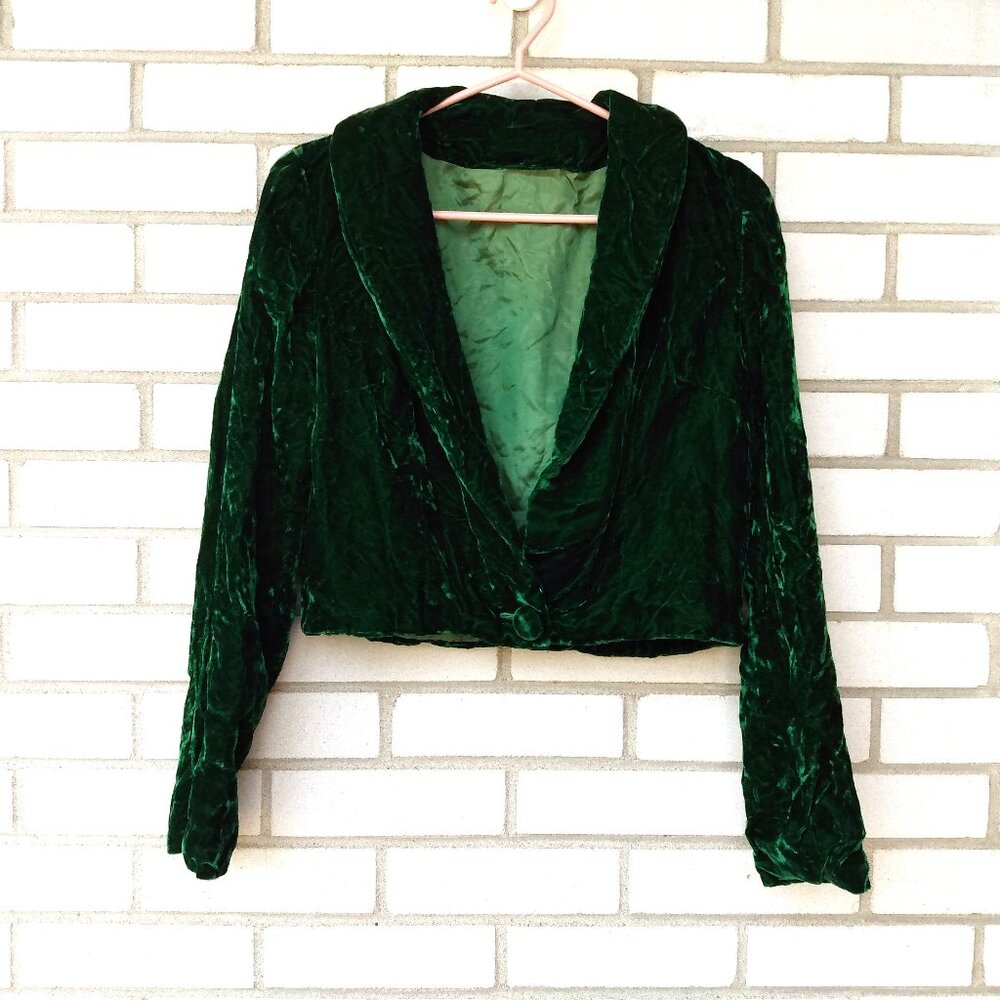 Vintage Bolero Dress Jacket DARK Green Crushed Velvet 40" Bust Rockabilly Retro